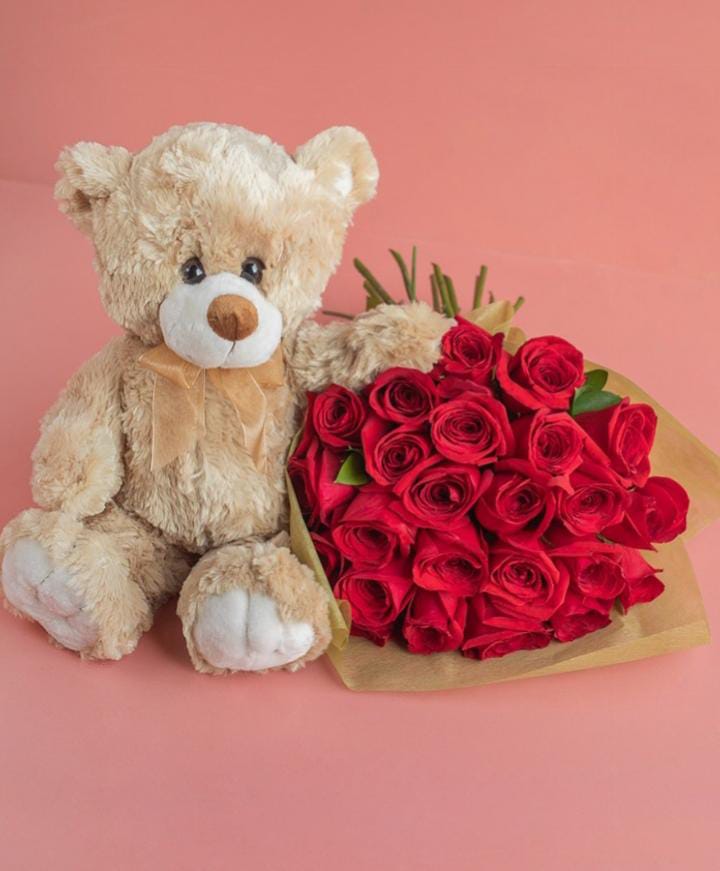 Oso de peluche y 25 rosas 